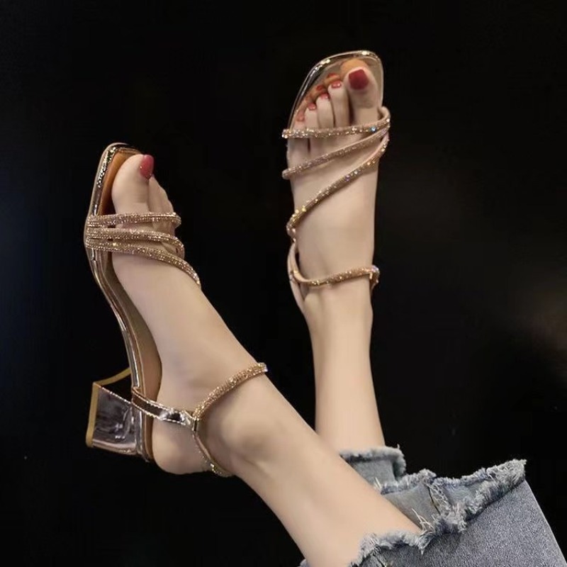 Rhinestone Sandal Women - Fairy Style Rhinestone Thick Heel Sandals