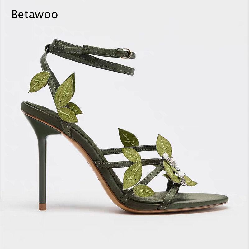 Dark Green Satin 3D Leaf Rhine - огляд і ціна Rhinestone Sandal Women